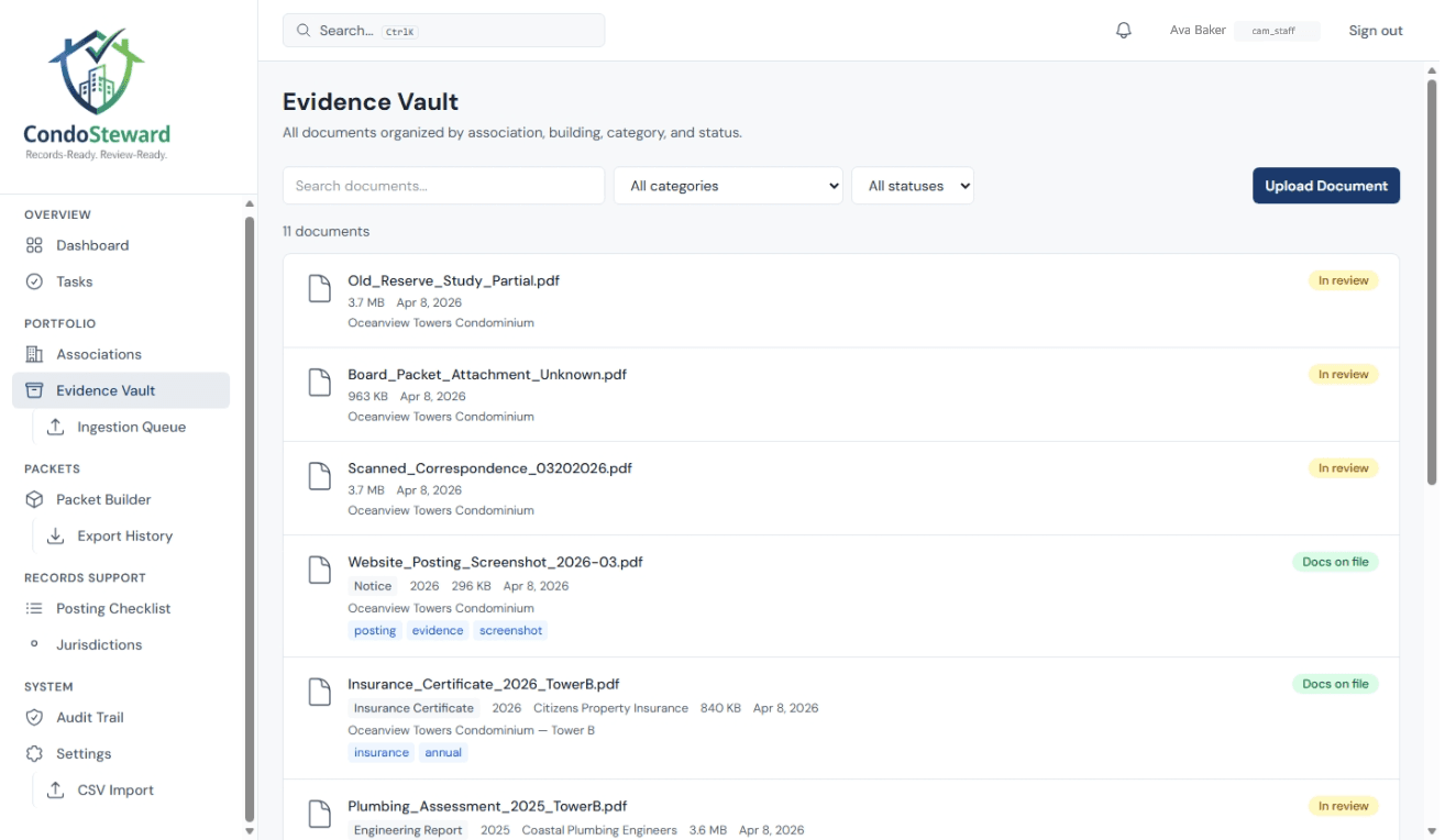 CondoSteward Evidence Vault showing documents with Docs on File, Missing, and In Review status badges