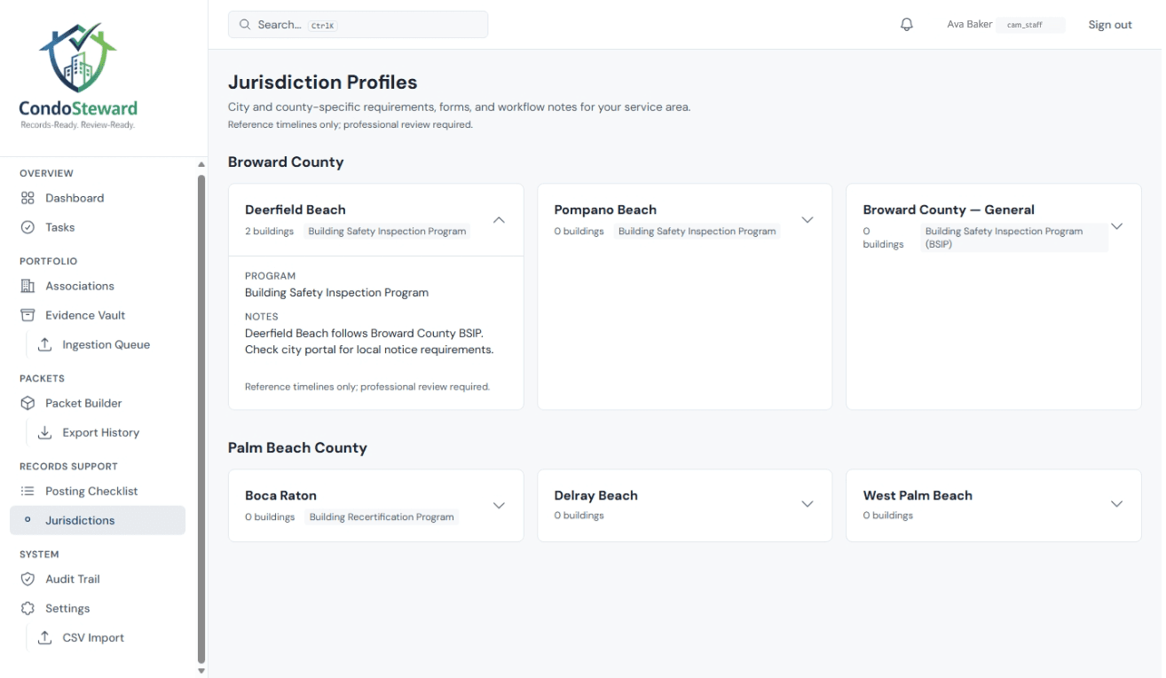 CondoSteward jurisdiction profiles showing Broward and Palm Beach County city-specific requirements