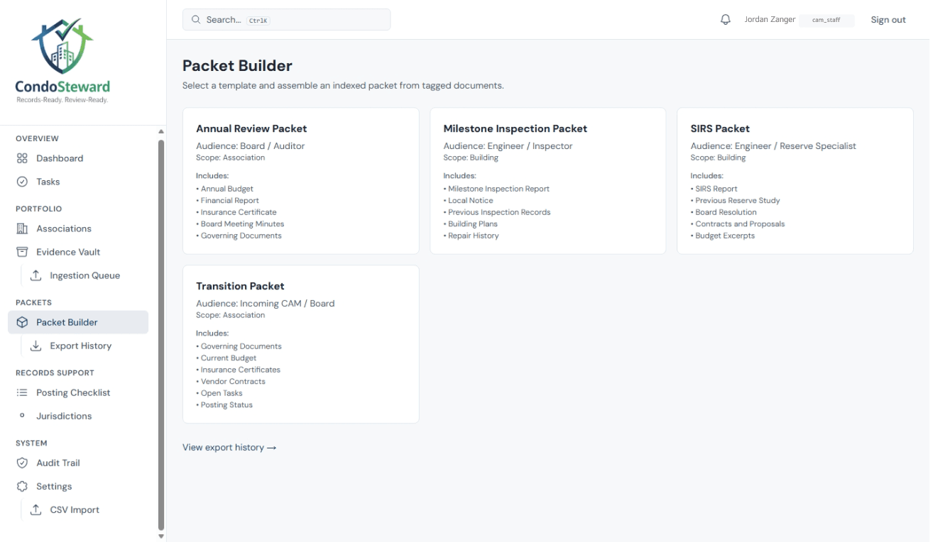 CondoSteward Packet Builder showing Annual Review, Milestone Inspection, SIRS, and Transition packet templates
