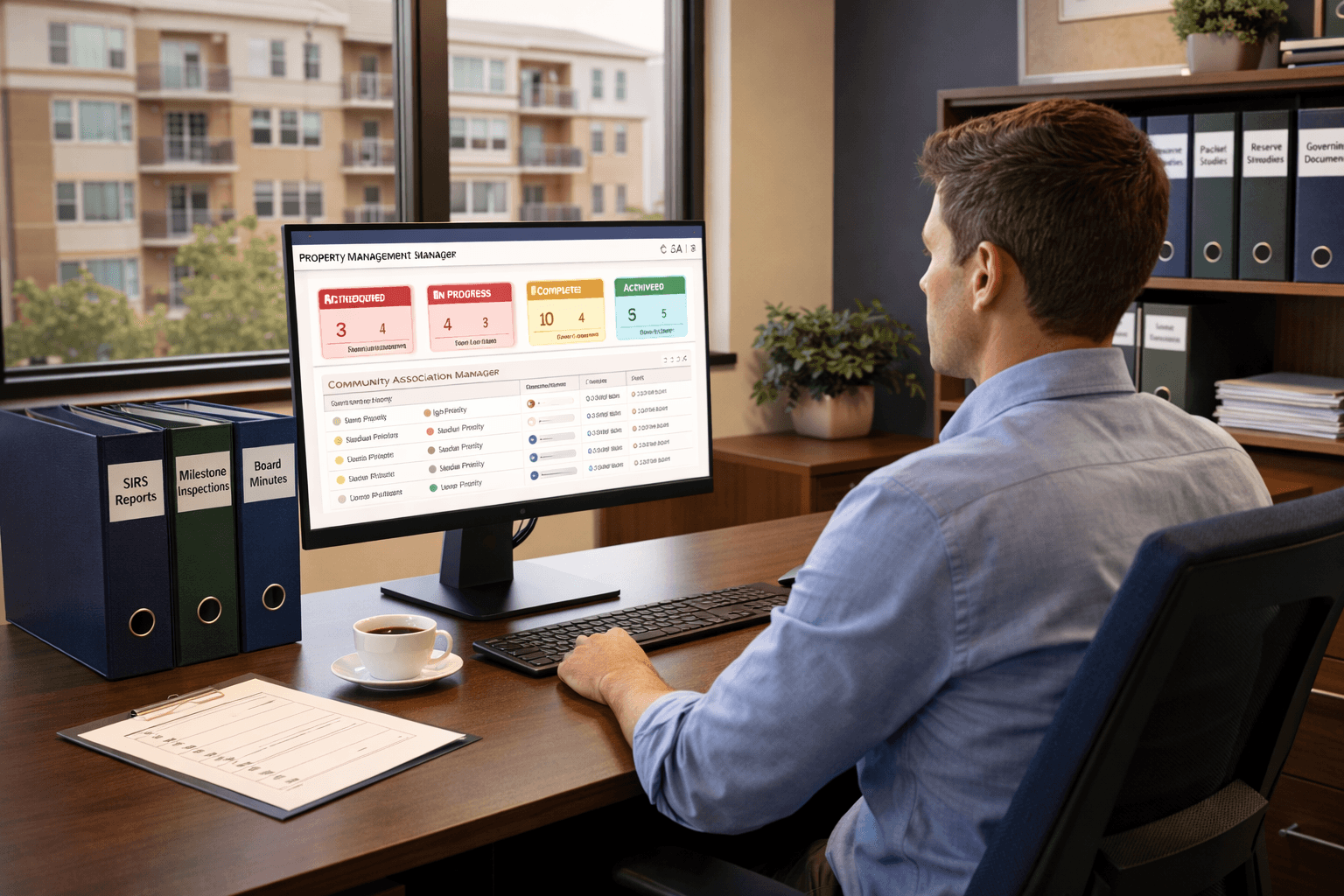 Community Association Manager reviewing association records with organized binders and property management dashboard