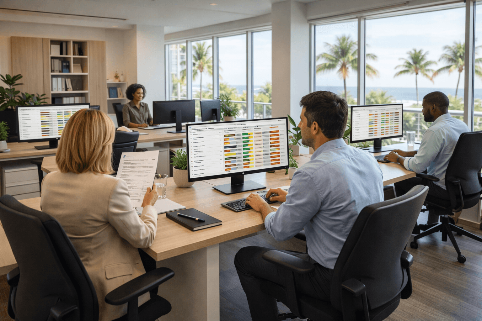 CAM firm professionals reviewing association records on color-coded portfolio dashboards in modern South Florida office
