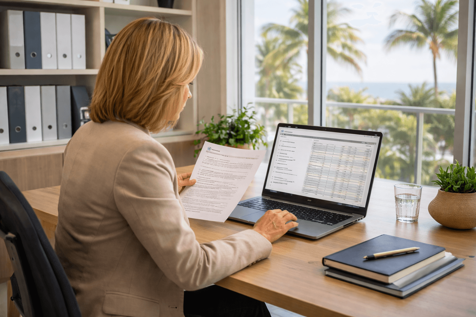 Community association manager reviewing FAQ documents at organized Florida coastal office desk