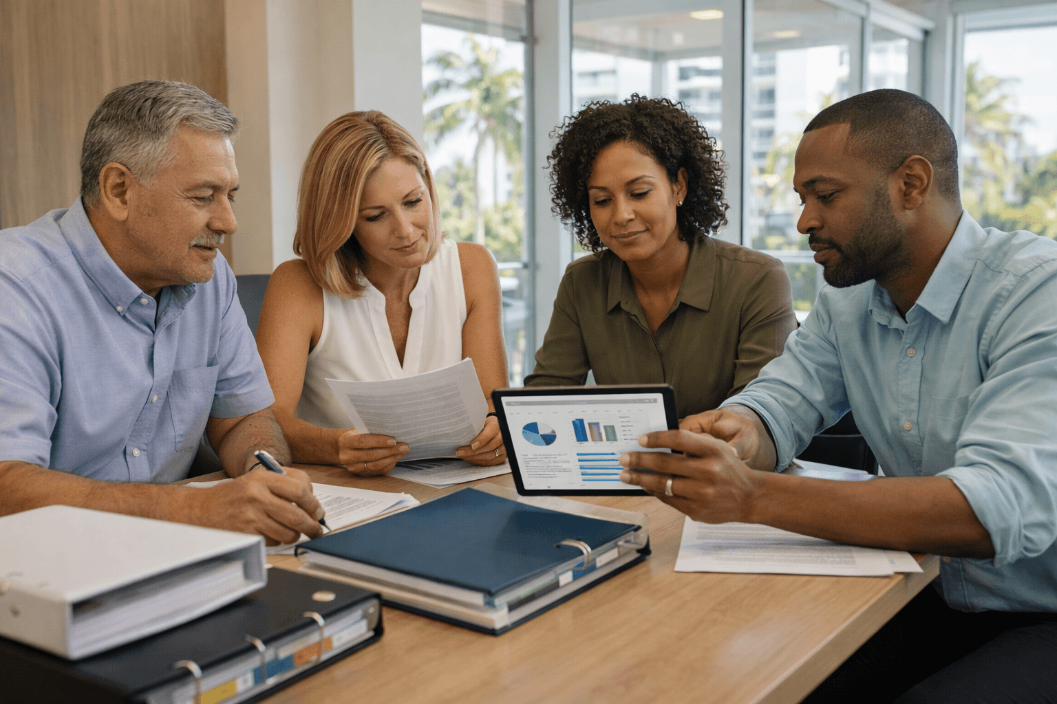 HOA board members reviewing association documents and property management dashboard at a meeting