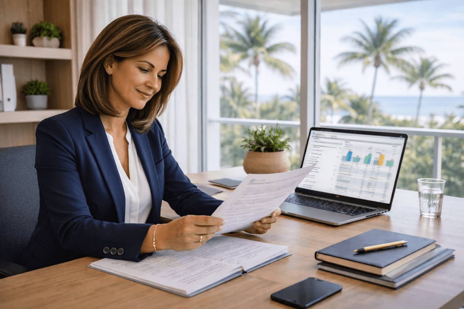 CAM firm professional reviewing CondoSteward pricing and contract documentation at modern Florida office